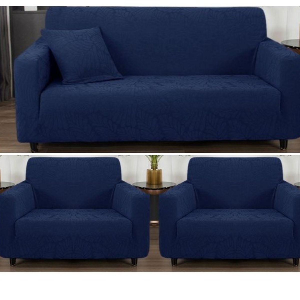 GENERICO - FUNDA CUBRE SILLON 3+1+1 ELASTICADO AZUL DISEÑO DE HOJA 3 FUNDA TF