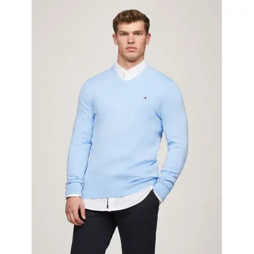 TOMMY HILFIGER - Sweater Básico Signature V-Neck Celeste