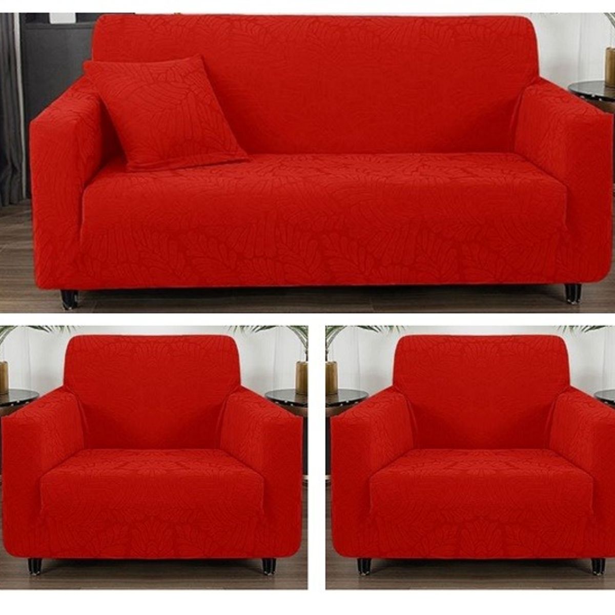 GENERICO - FUNDA CUBRE SILLON 3+1+1 ELASTICADO ROJO DISEÑO DE HOJA 3 FUNDA TF