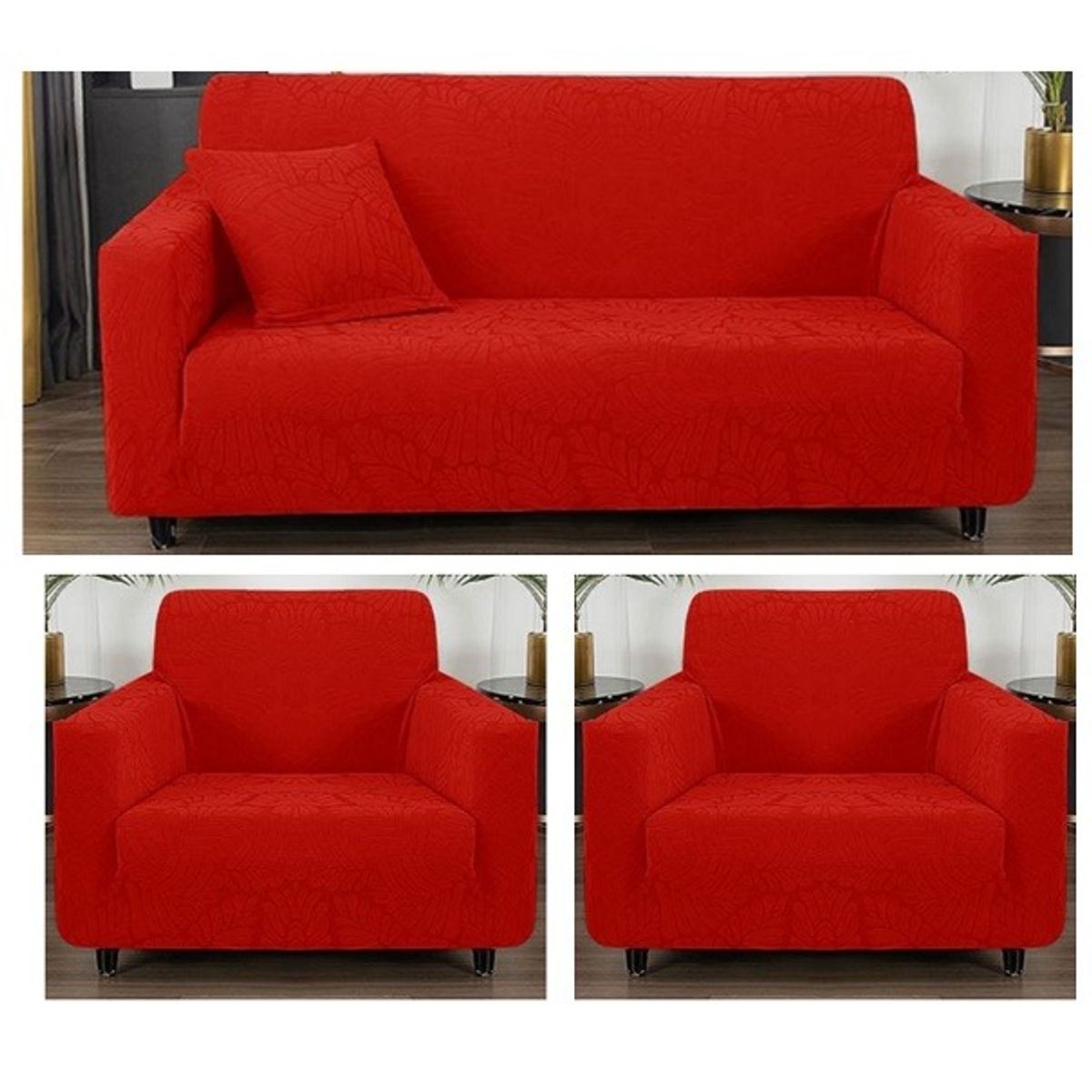 GENERICO - FUNDA CUBRE SILLON 3+1+1 ELASTICADO ROJO DISEÑO DE HOJA 3 FUNDA TF