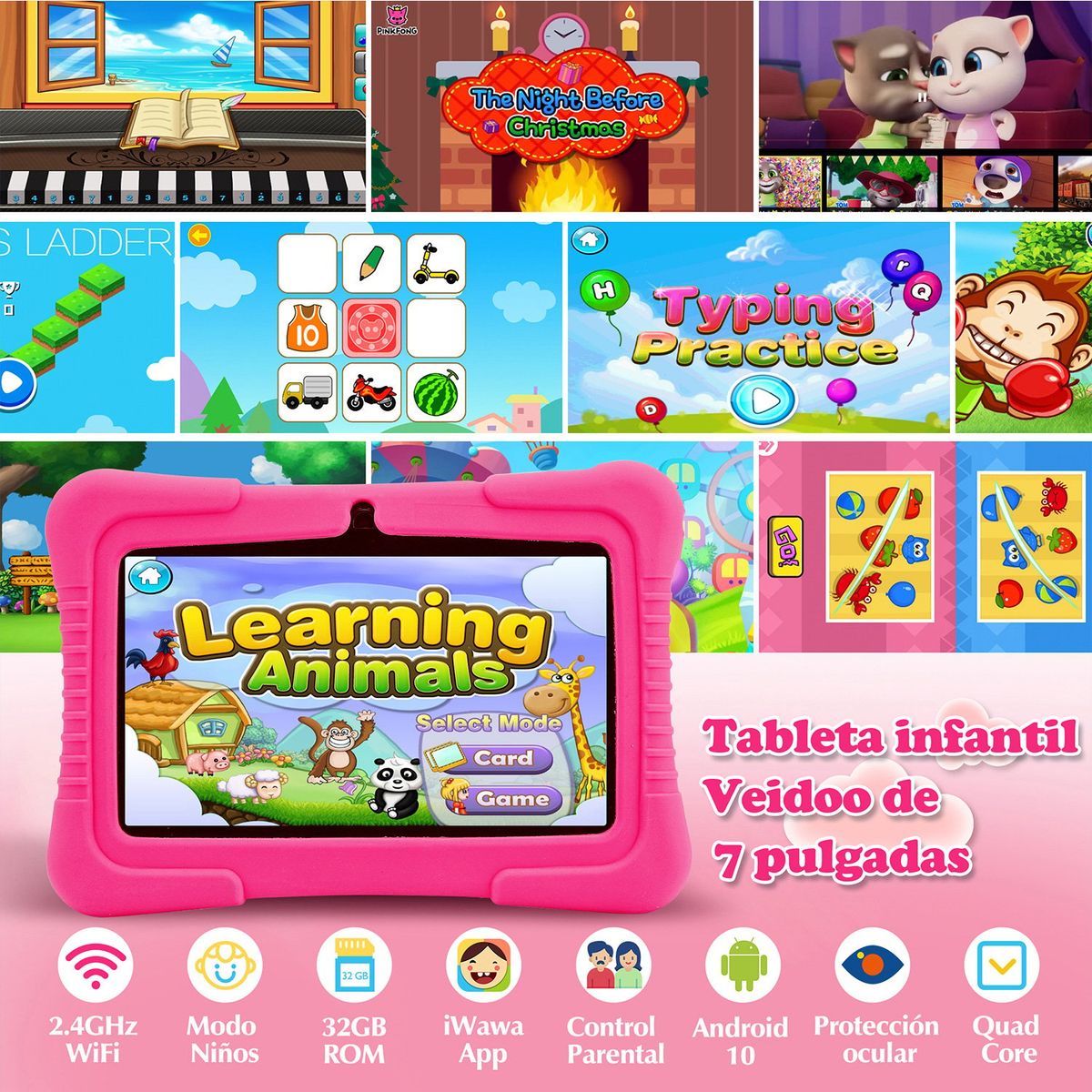 VEIDOO - Tablet Niños Veidoo con Control Parental 32GB 7 - Rosa