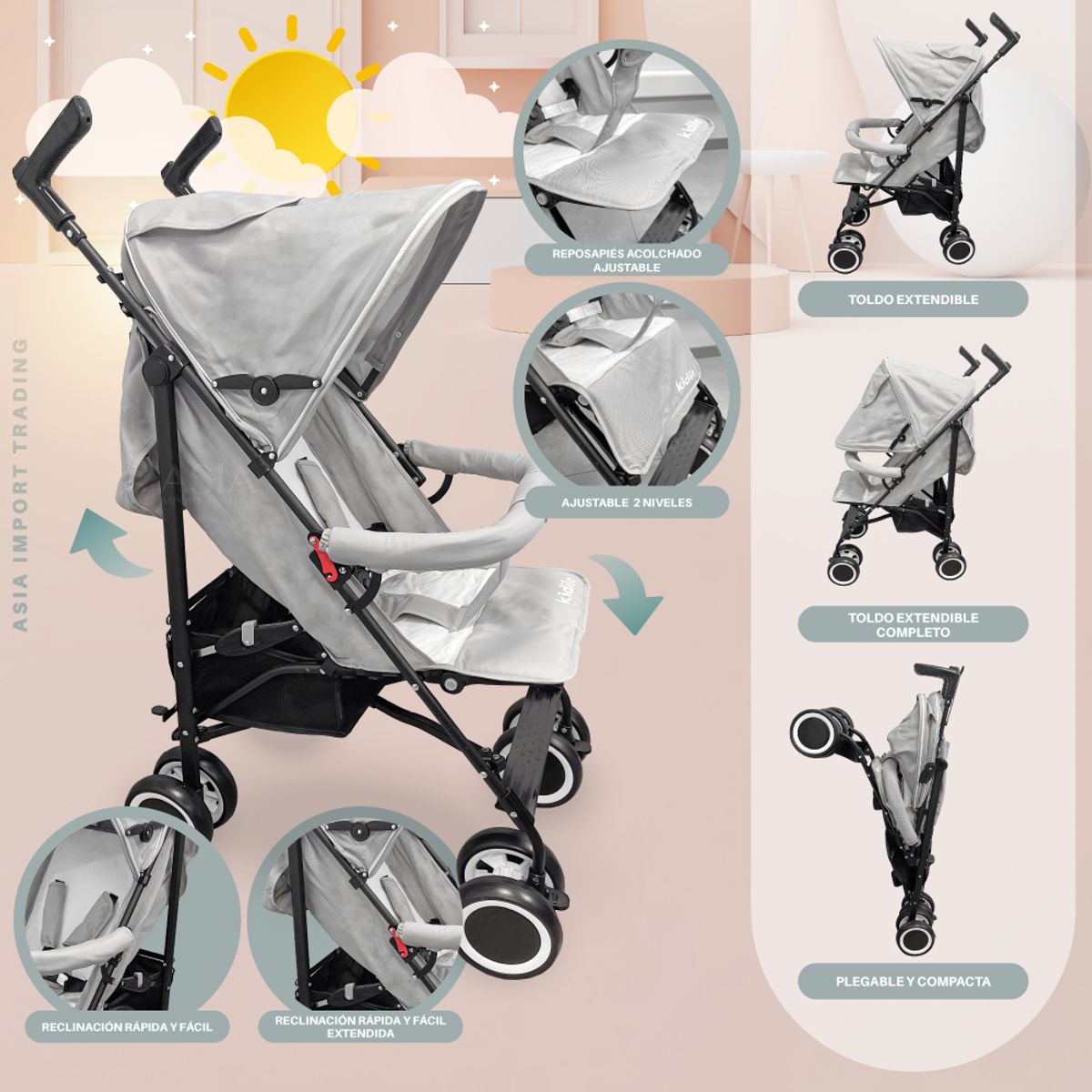 KIDSTAR - Coche Paseo Bebé Plegable Kidstar Gris Toldo Extensible