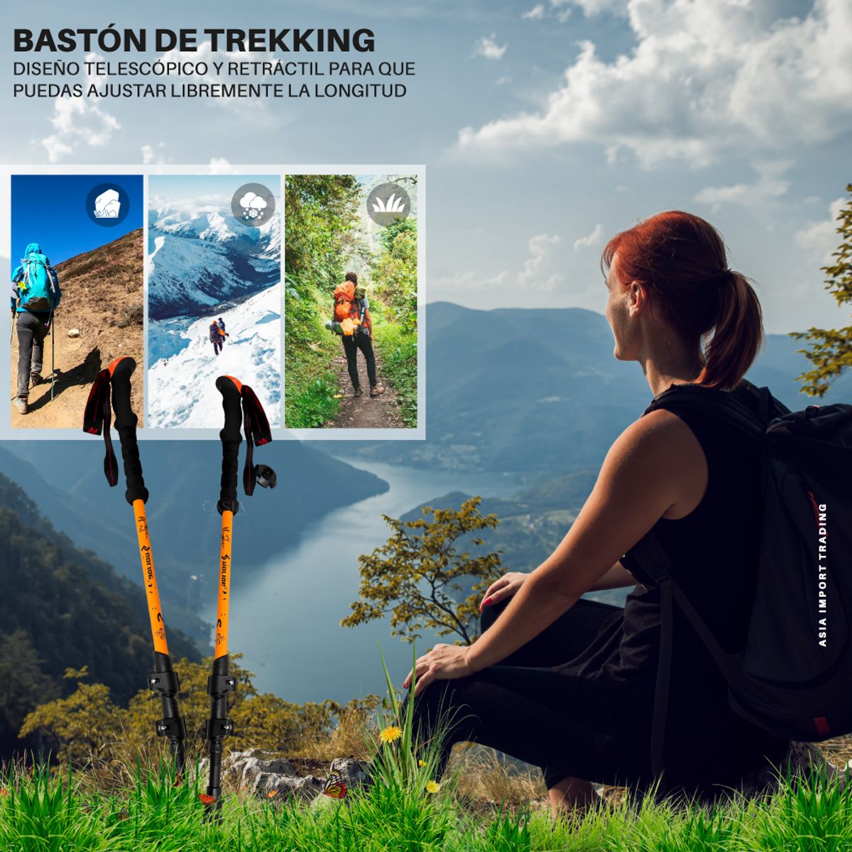 PWRFITNESS - Bastón De Trekking Telescópico Ajustable Antideslizante