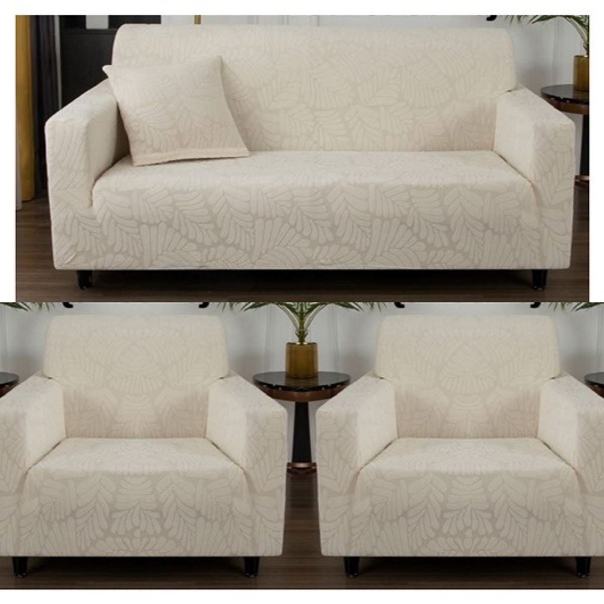 GENERICO - FUNDAS CUBRE SILLON 3+1+1 ELASTICADO DISEÑO DE HOJA COLOR BLANCO TF