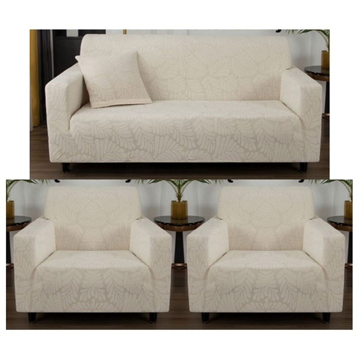 GENERICO - FUNDAS CUBRE SILLON 3+1+1 ELASTICADO DISEÑO DE HOJA COLOR BLANCO TF