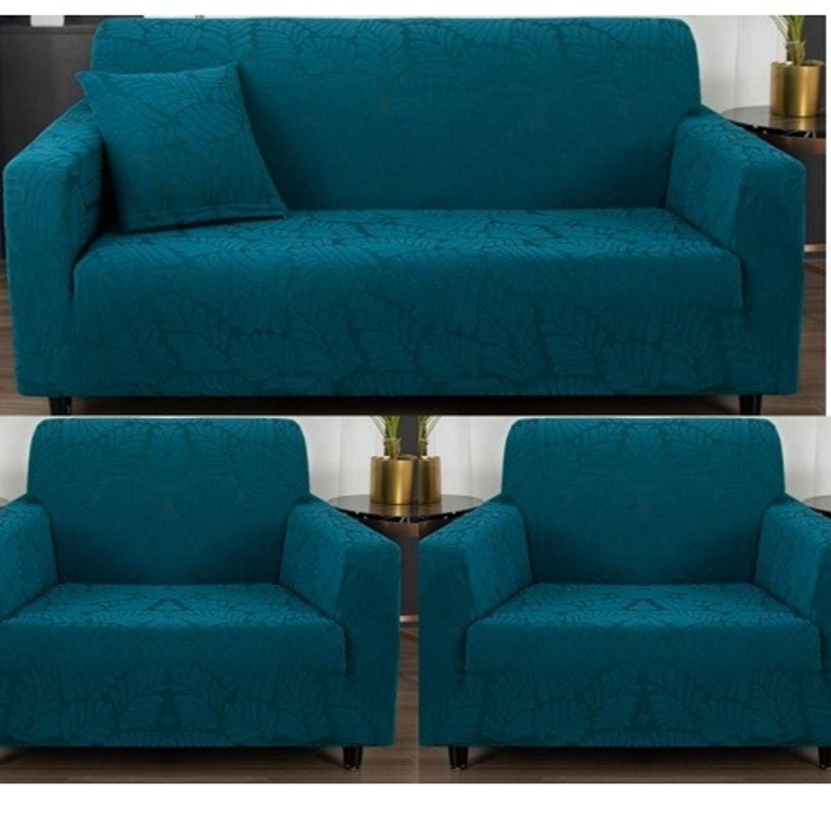 GENERICO - FUNDAS CUBRE SILLON 3+1+1 ELASTICADO DISEÑO DE HOJA COLOR TURQUESA TF