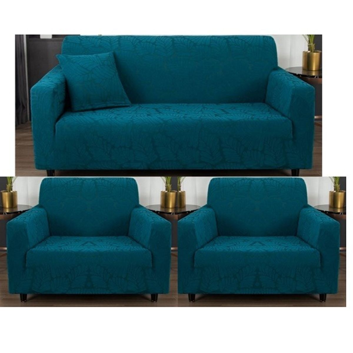 GENERICO - FUNDAS CUBRE SILLON 3+1+1 ELASTICADO DISEÑO DE HOJA COLOR TURQUESA TF