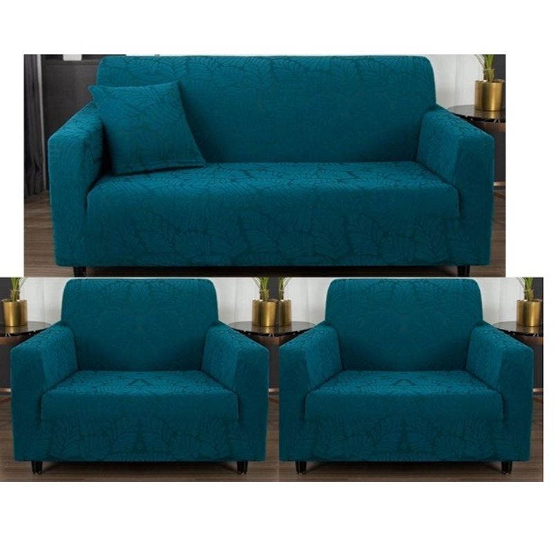 GENERICO - FUNDAS CUBRE SILLON 3+1+1 ELASTICADO DISEÑO DE HOJA COLOR TURQUESA TF