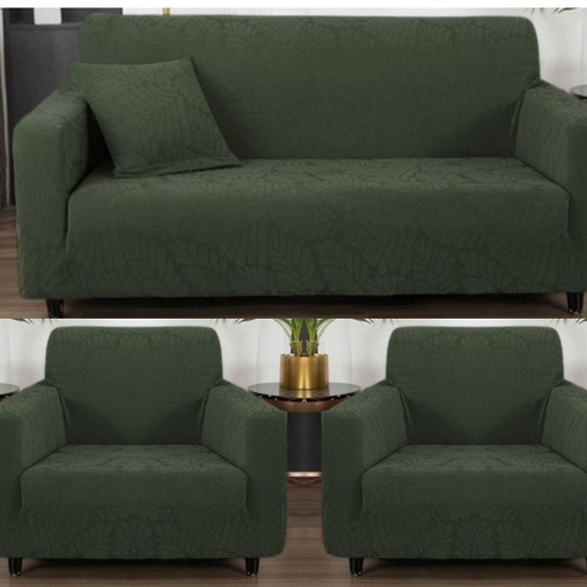 GENERICO - FUNDAS CUBRE SILLON 3+1+1 ELASTICADO DISEÑO DE HOJA COLOR VERDE TF