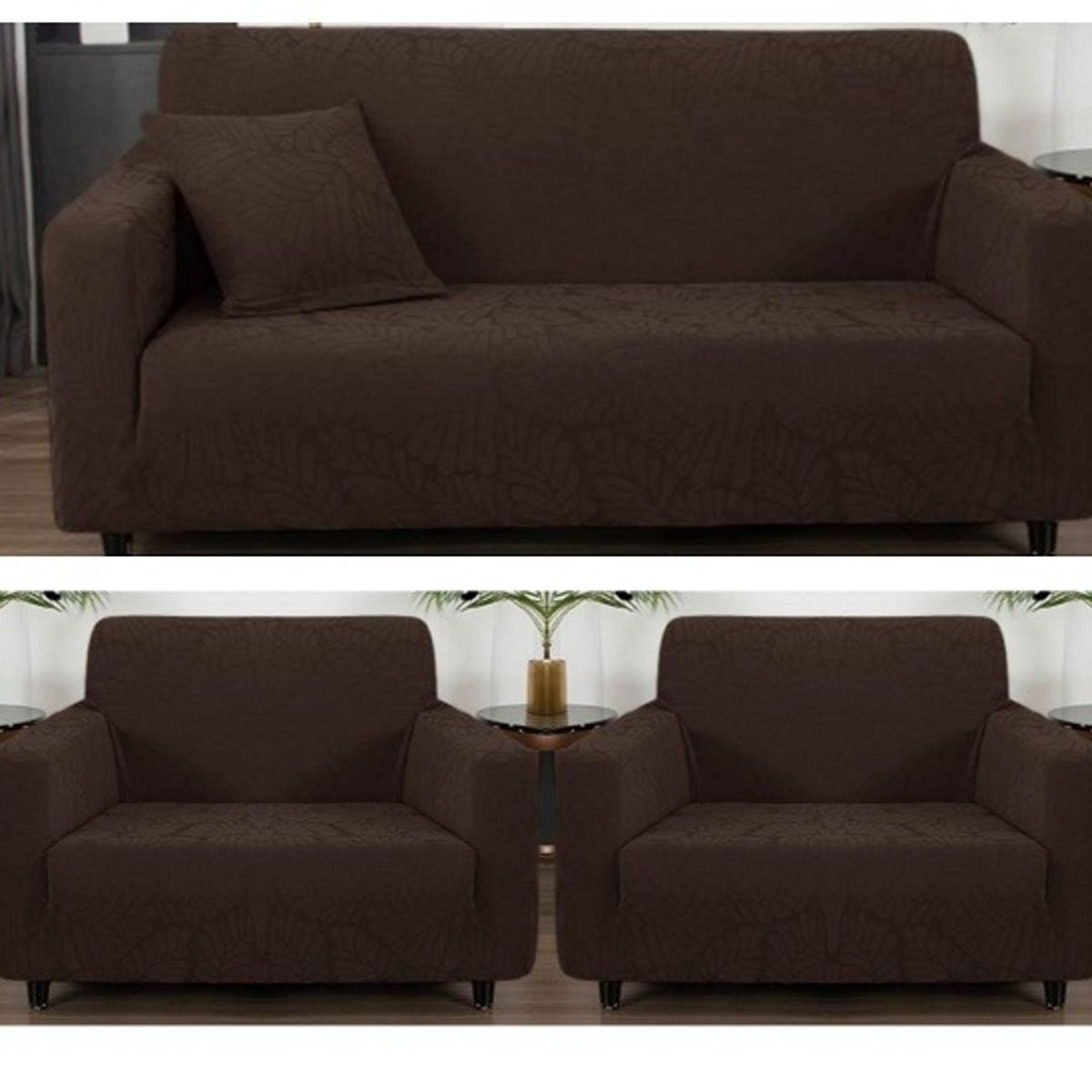 GENERICO - FUNDAS CUBRE SILLON 3+1+1 ELASTICADO DISEÑO DE HOJA COLOR CAFE TF