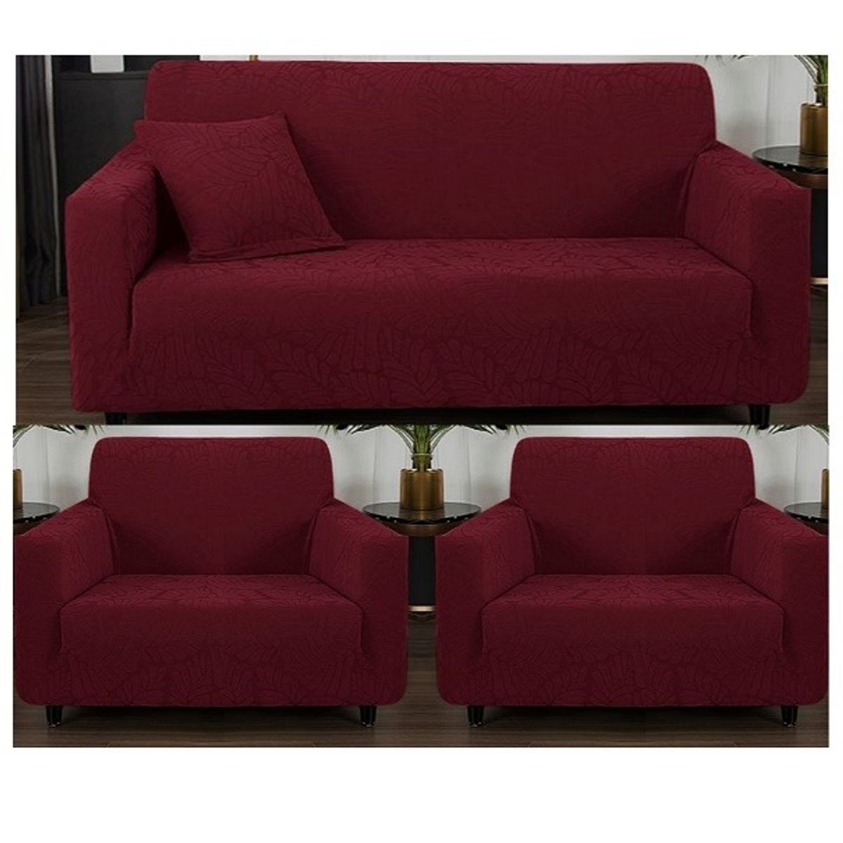 GENERICO - FUNDA CUBRE SILLON 3+1+1 ELASTICADO DISEÑO DE HOJA COLOR BURDEO TF