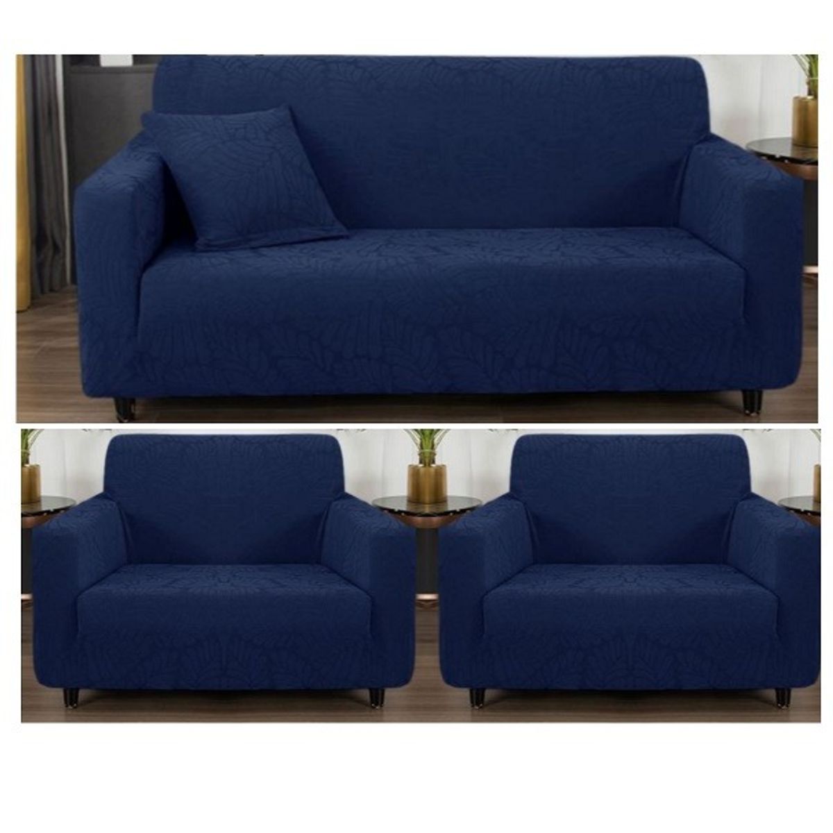 GENERICO - FUNDA CUBRE SILLON 3+1+1 ELASTICADO DISEÑO DE HOJA COLOR AZUL TF