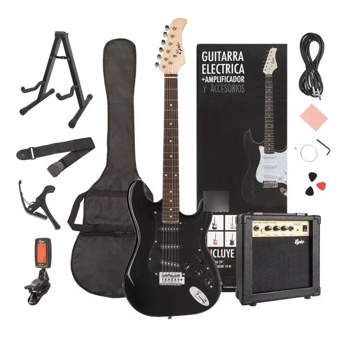 GENERICO - Guitarra Electrica Epic 39 Pack Strato Amplificador + Accesorios All Black