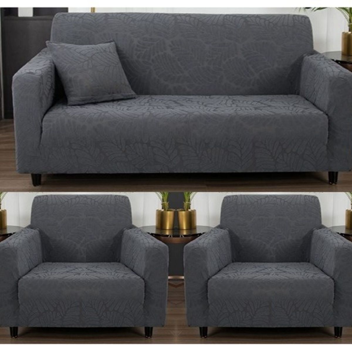 GENERICO - FUNDA CUBRE SILLON 3+1+1 ELASTICADO DISEÑO DE HOJA COLOR GRIS TF