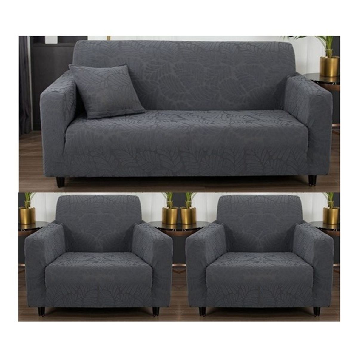 GENERICO - FUNDA CUBRE SILLON 3+1+1 ELASTICADO DISEÑO DE HOJA COLOR GRIS TF
