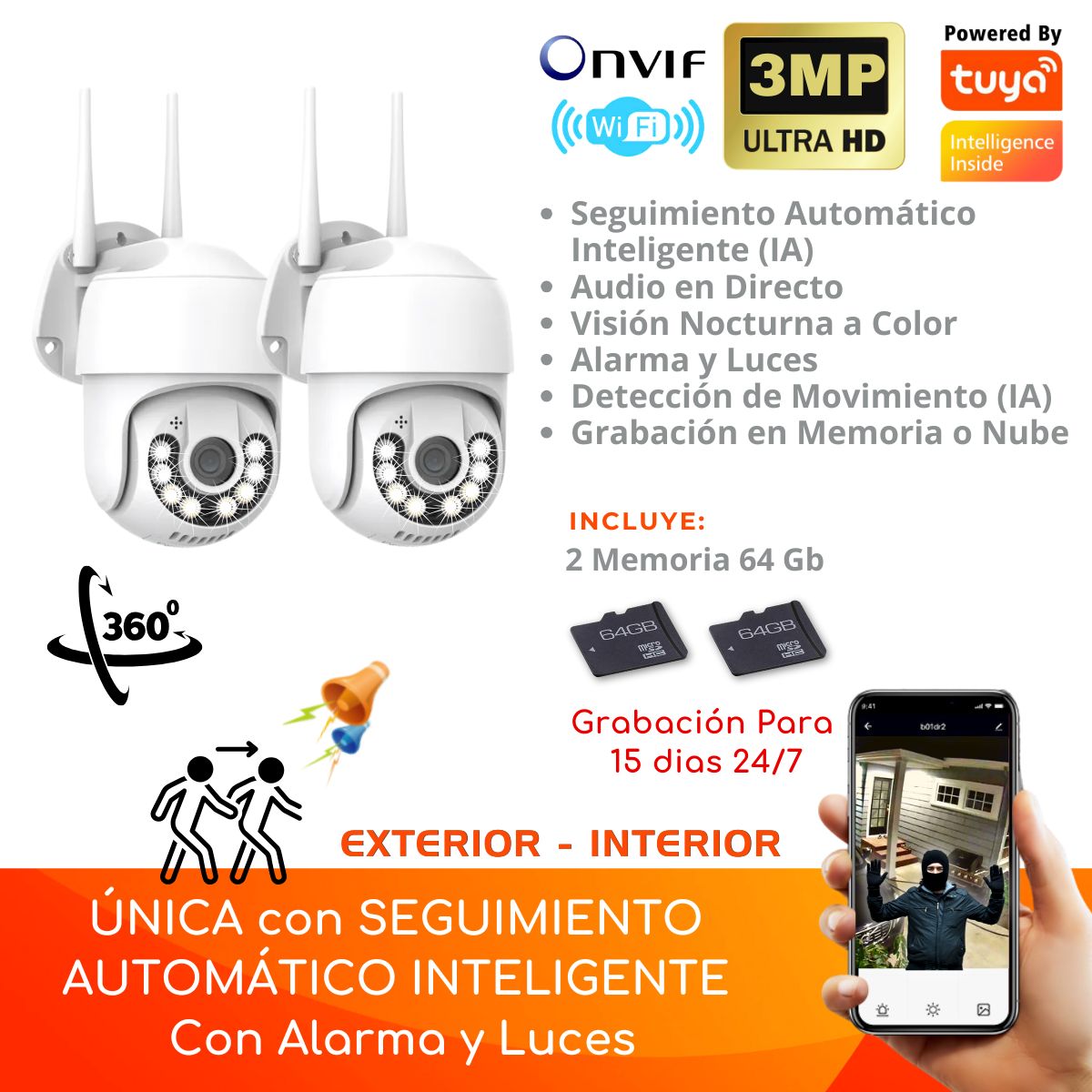 D MOTICA - Kit 2 Cámaras Wifi Inteligente Ultra Hd-Audio-Motorizada Exterior + Memorias