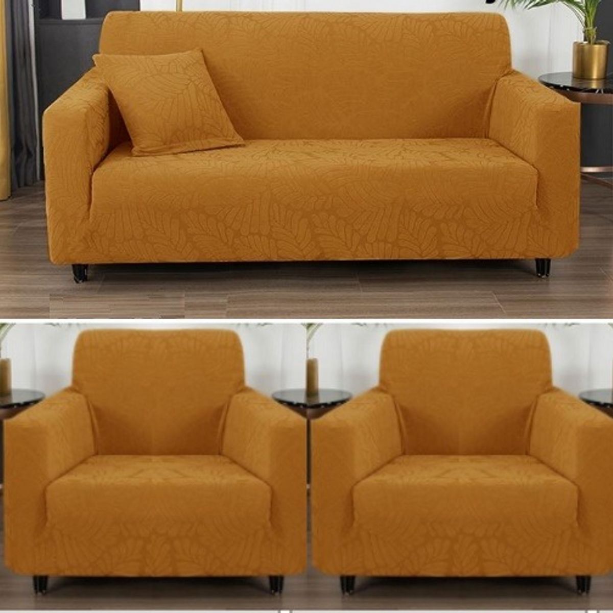GENERICO - FUNDA CUBRE SILLON 3+1+1 ELASTICADO DISEÑO DE HOJA COLOR NARANJA TF