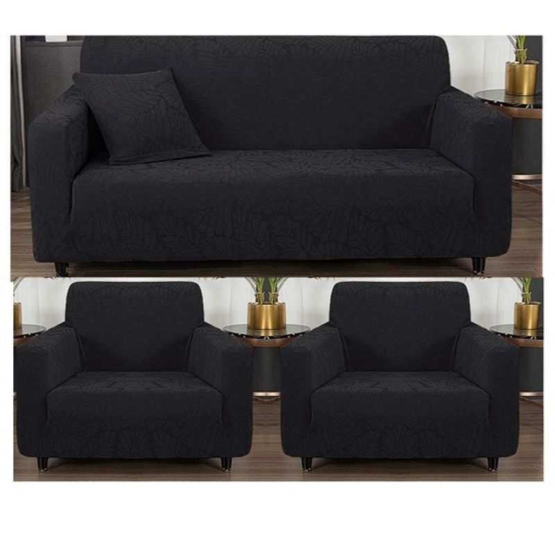 GENERICO - FUNDA CUBRE SILLON 3+1+1 ELASTICADO DISEÑO DE HOJA COLOR NEGRO TF