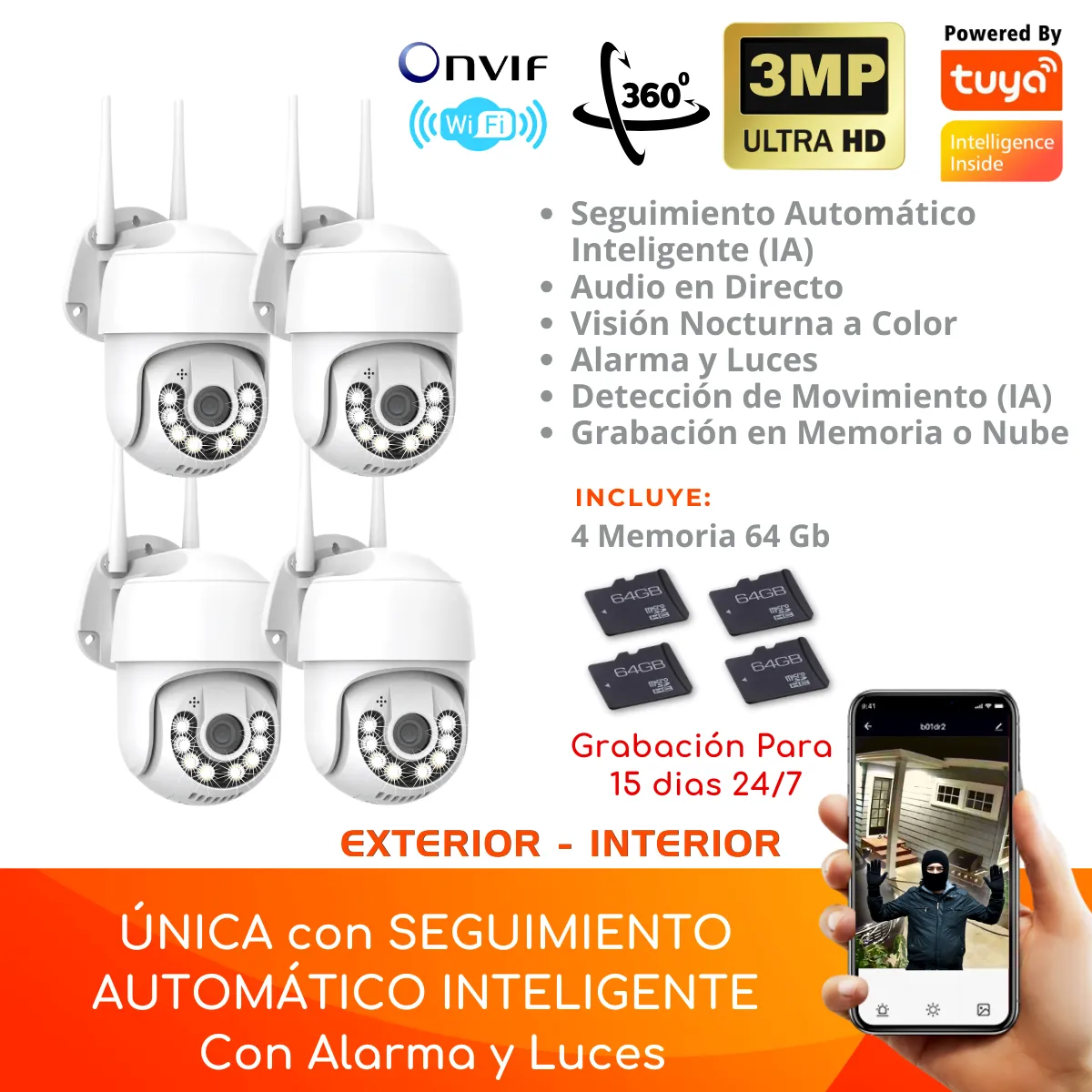 D MOTICA - Kit 4 Cámaras Wifi Inteligente Ultra Hd-Audio-Motorizada Exterior + Memorias