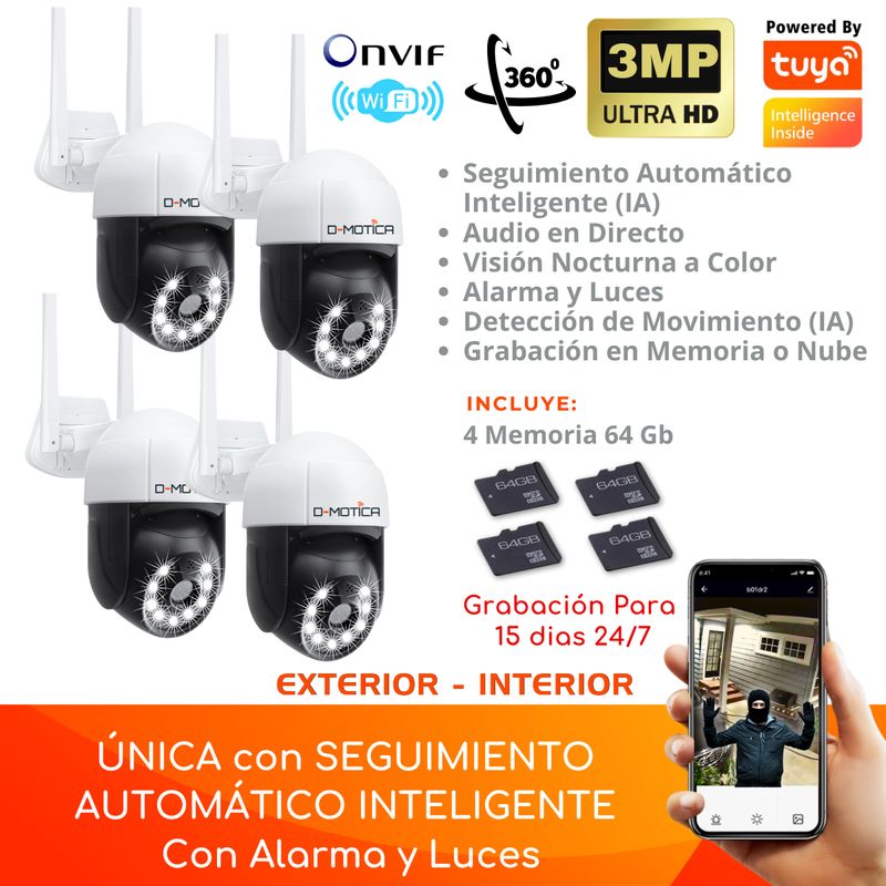 D MOTICA - Kit 4 Cámaras Wifi Inteligente Ultra Hd-Audio-Motorizada Exterior + Memorias