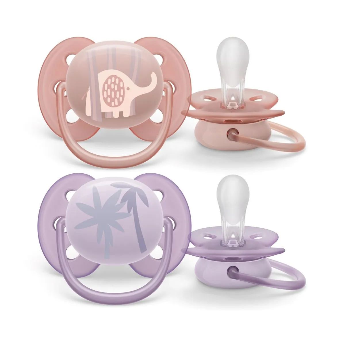 AVENT - Set 2 chupetes Avent Ultra Soft 0-6m Elefante/Palmera Scf091/09