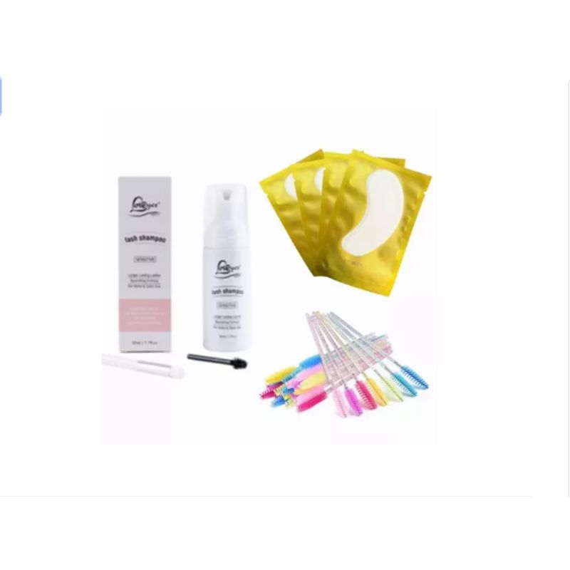 GENERICO - Shampoo De Pestañas+ 50 Cepillos + 20 Parches Hidrogel