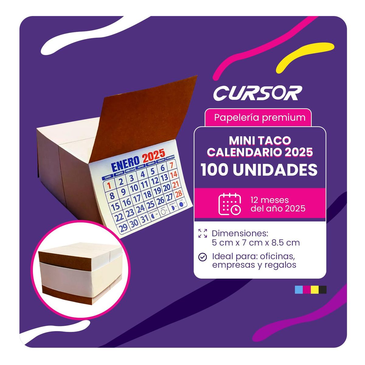 CURSOR - Mini Taco Calendario 2025 - 12 Meses - 100un - 7x5 Cm Aprox