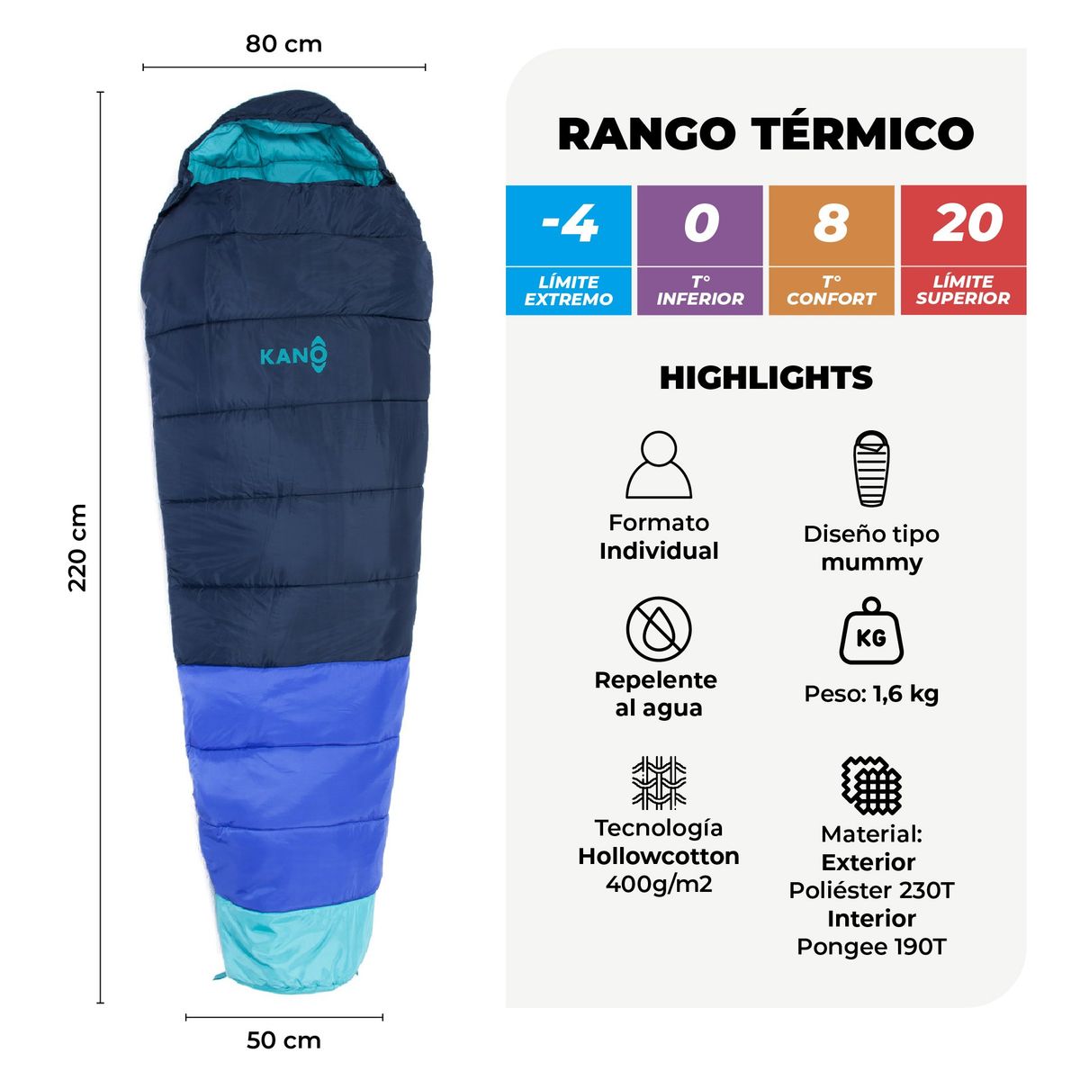 KANO - Saco de Dormir Kano Aconcagua  -4 / 0 / 8°C 1,6 Kg Azul