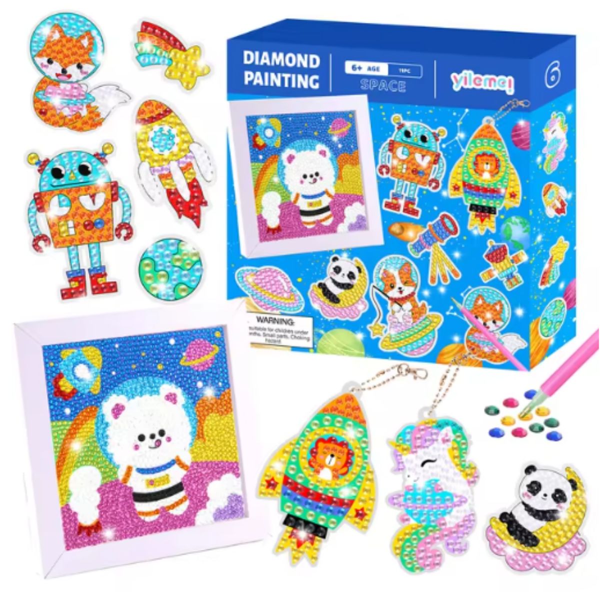 GENERICO - Kit llaveros Stickers y cuadro de Pinta Diamantes Espacio