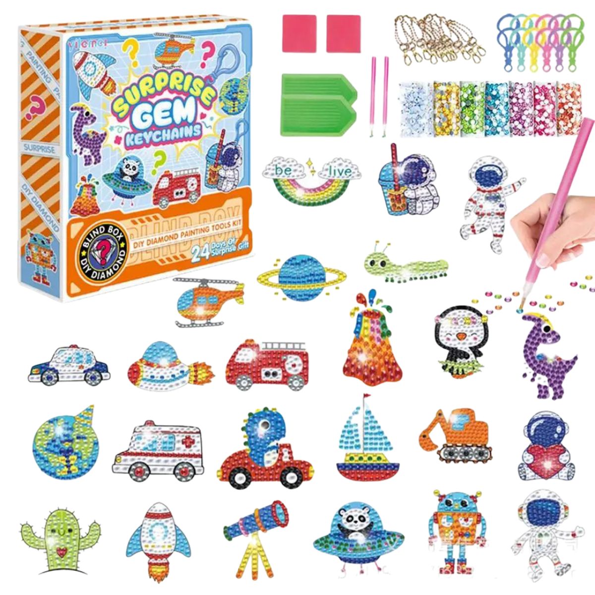 GENERICO - Set de llaveros pintura con diamantes diseño Sorpresa Azúl