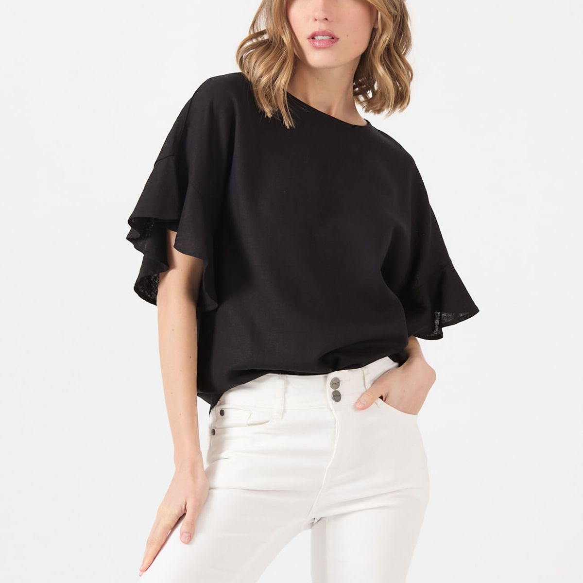 PRIVILEGE - Blusa con lino negra 1505