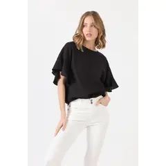PRIVILEGE - Blusa con lino negra manga corta - Negro