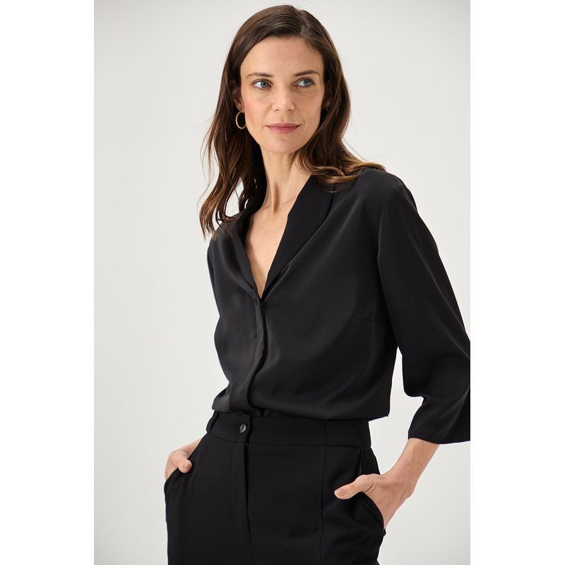 MA GRIFFE - Blusa Manga Corta Negro Mujer Magriffe
