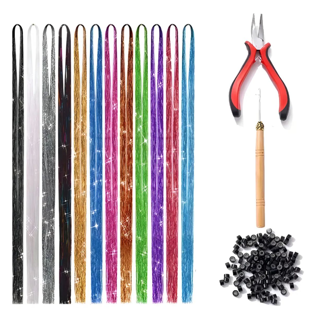 GENERICO - Kit 12 Extenciones De Cabello Con Brillo, Alicate, Gancho, Microring
