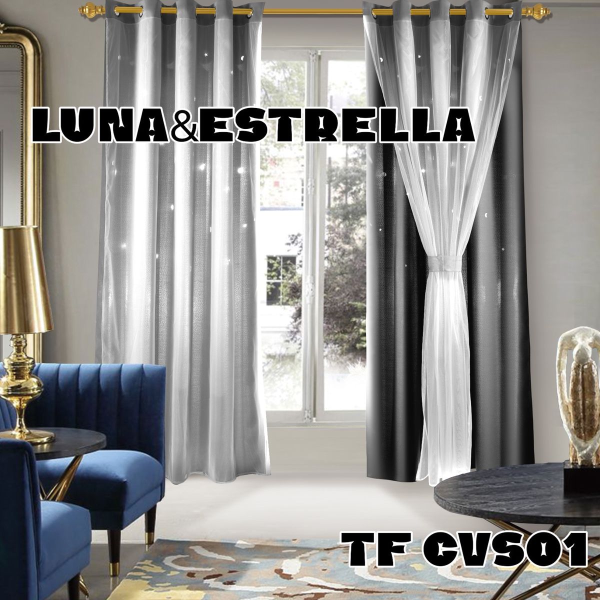 ANGELES DEL HOGAR - Cortina Con Visillo diseño Luna y Estrellas 2 Paños Negro