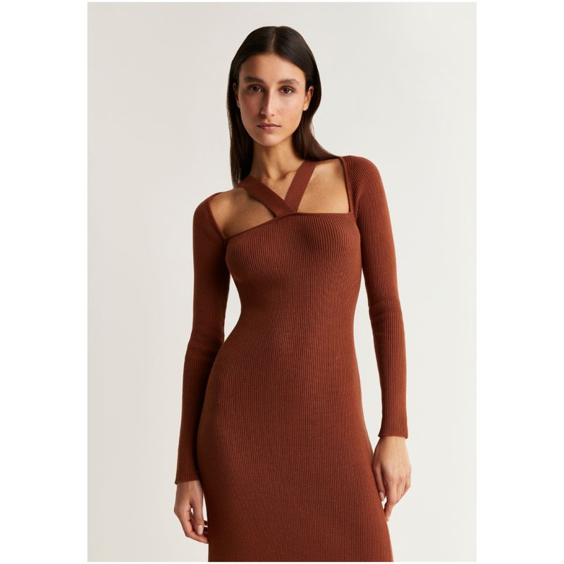 SCALPERS - Vestido Midi Punto Canalé Terracotta