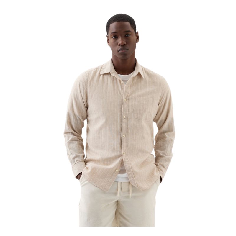 GAP - Camisa Mezcla Lino Manga Larga Rayas Hombre Beige