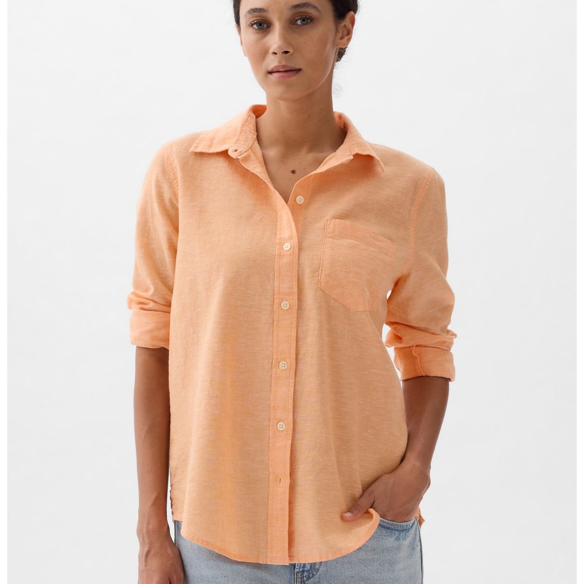 GAP - Blusa Mujer Lino Manga Larga Naranjo GAP