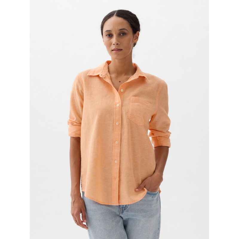 GAP - Blusa Mujer Lino Manga Larga Naranjo GAP