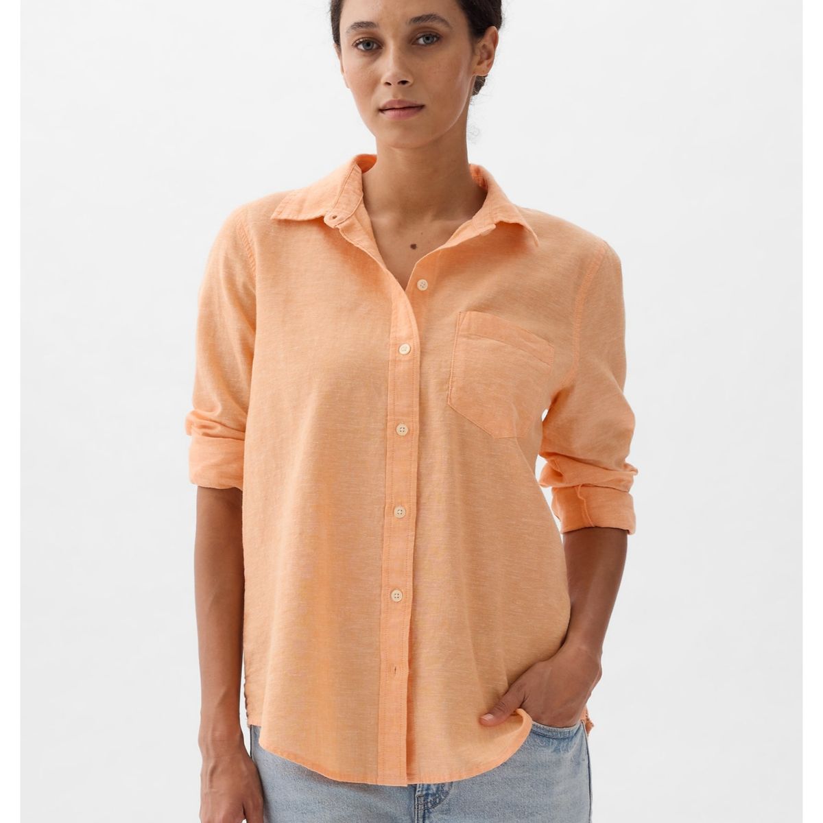 GAP - Blusa Mujer Lino Manga Larga Naranjo GAP