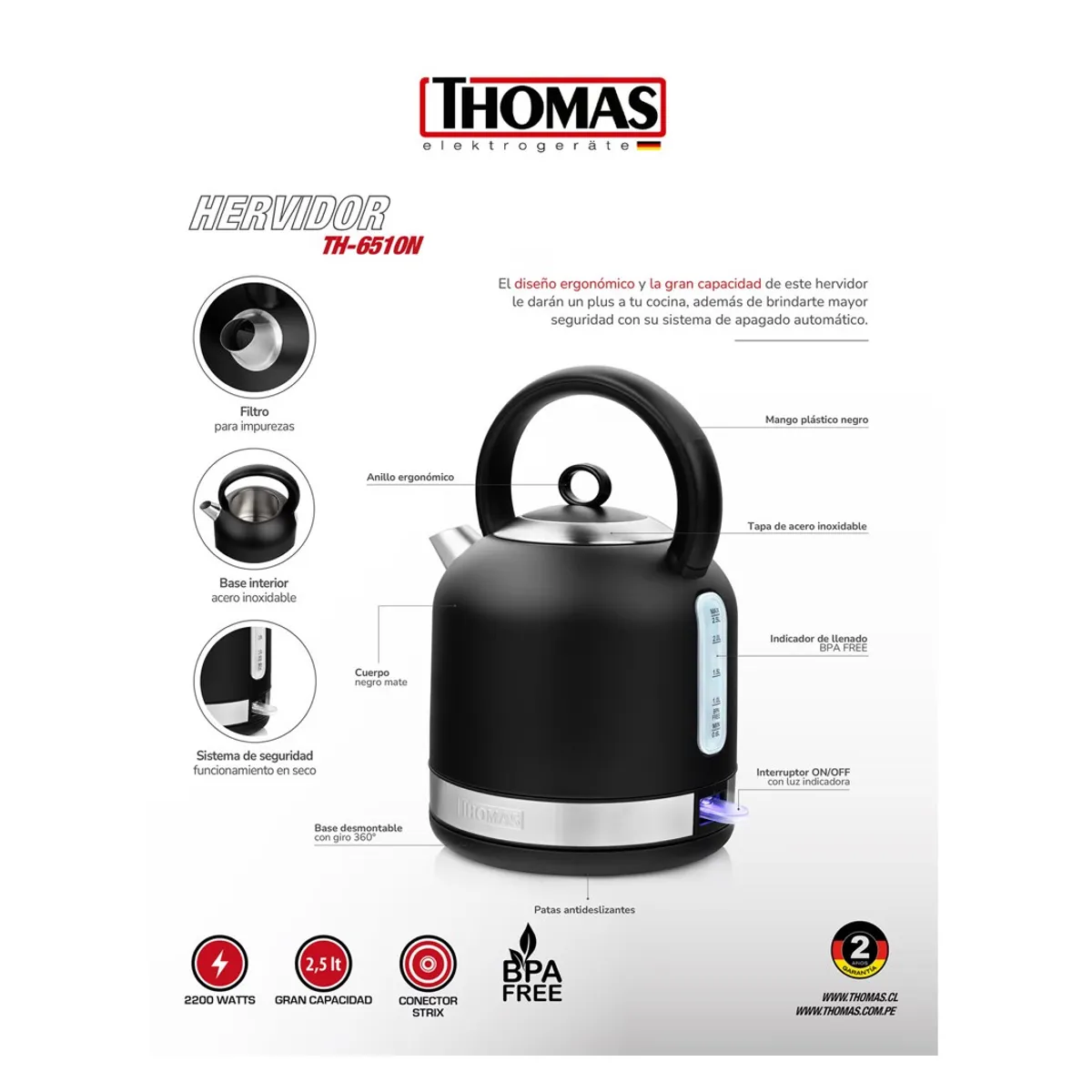 THOMAS - HERVIDOR NEGRO MATE THOMAS TH-6510N