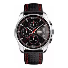 SKMEI - Reloj Hombre 9106 Cuero Malla Rojo Fondo Negro