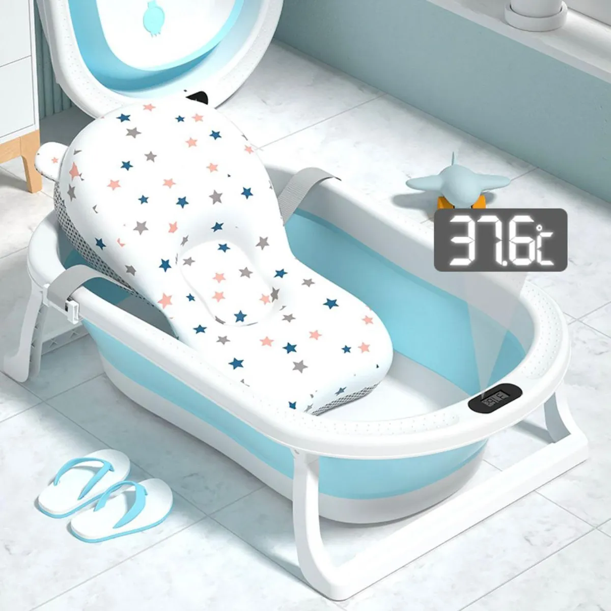 JAGIMA - Tina Bañera Plegable Bebé + Malla  + Termómetro - Jagima - Celeste