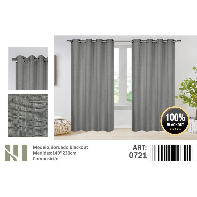 ANGELES DEL HOGAR - Cortina Blackout 2 Paños medias 140 cm x  230 cm  Bordado Gris