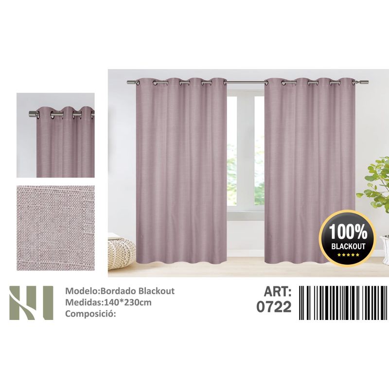 ANGELES DEL HOGAR - Cortina Blackout 2 Paños medias 140 cm x  230 cm Bordado Rosa Palido