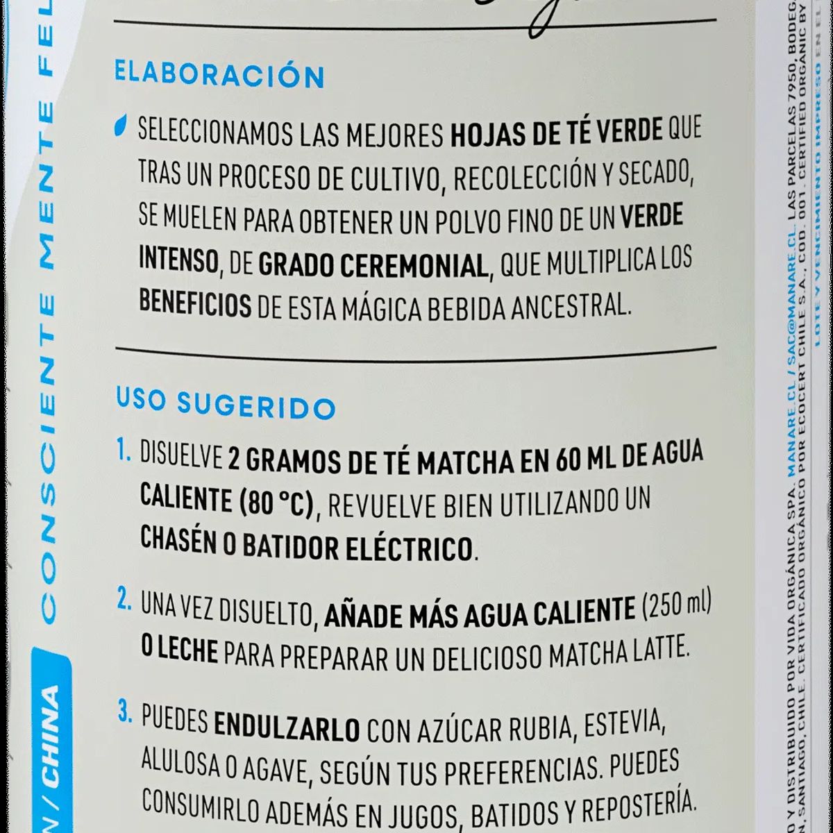 MANARE - Té Matcha Orgánico En Polvo Ceremonial Manare 100g