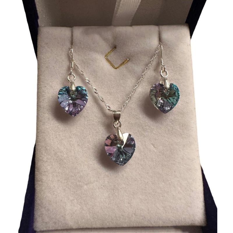 GENERICO - Conjunto collar y aros plata fina corazon tornasol violeta cristal