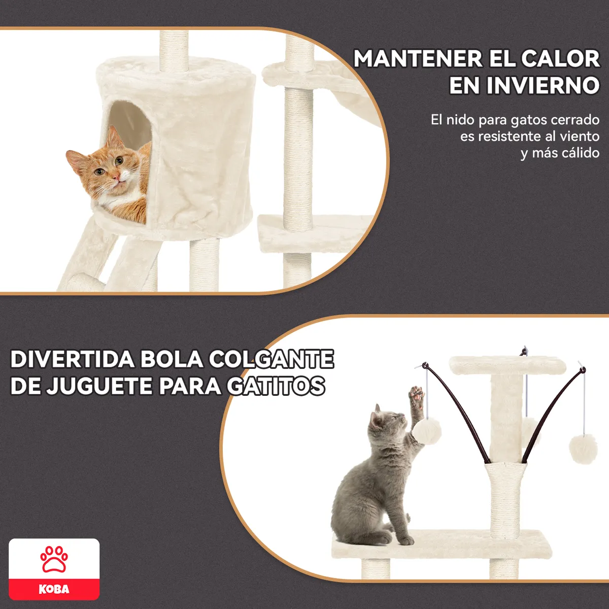 KOBA - Rascador Para Gatos Arbol Con Yute Pompones Crema Blanca