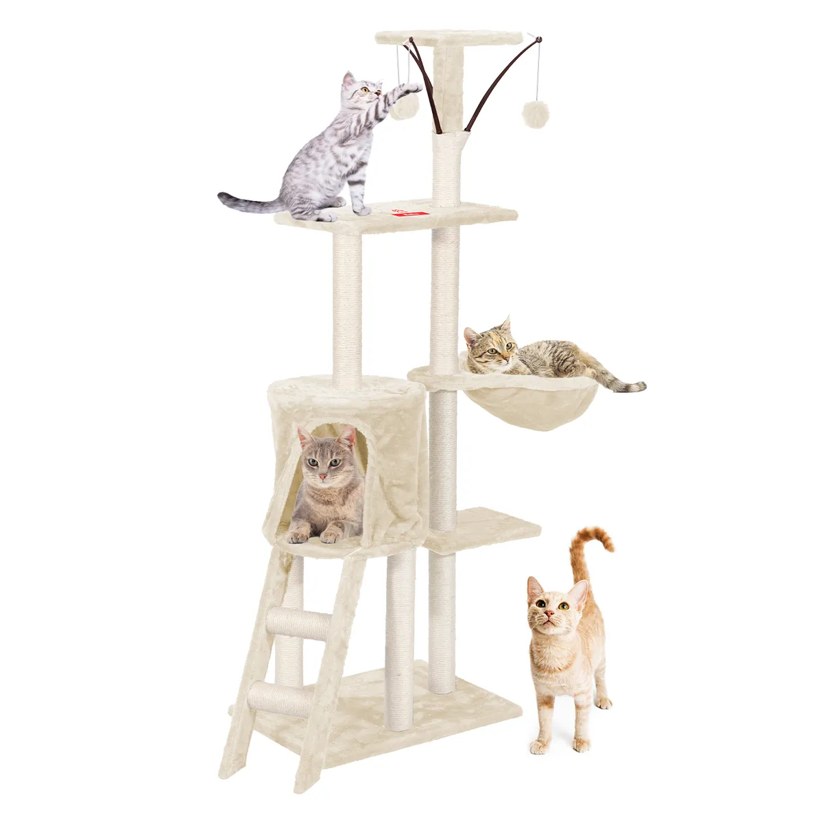 KOBA - Rascador Para Gatos Arbol Con Yute Pompones Crema Blanca