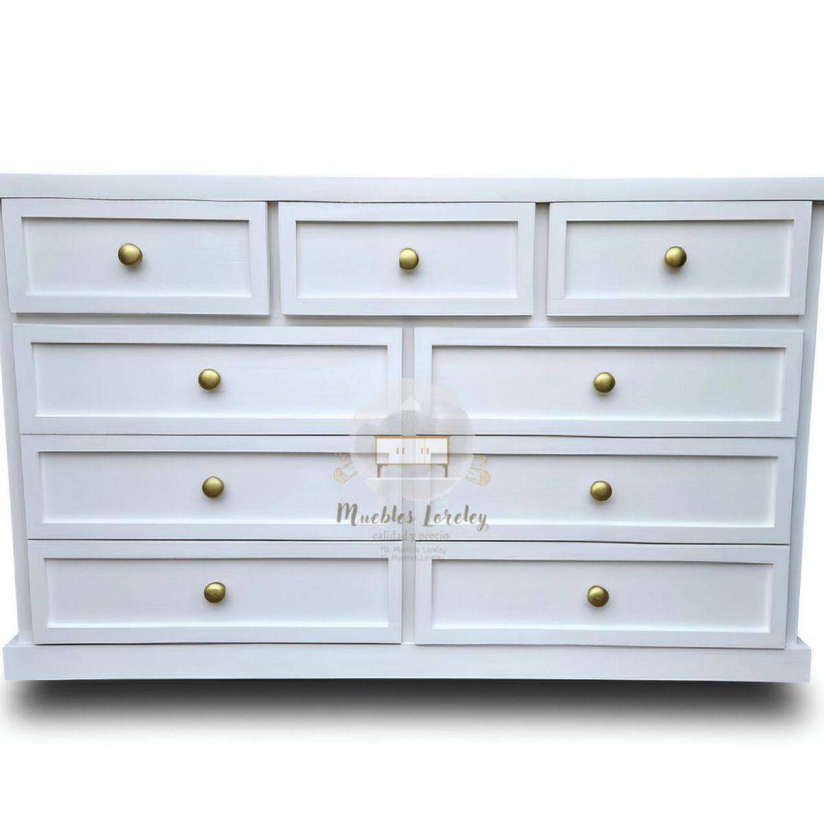 RUSTIC STYLE - COMODA MADERA 9 CAJONES BLANCA Y DORADO